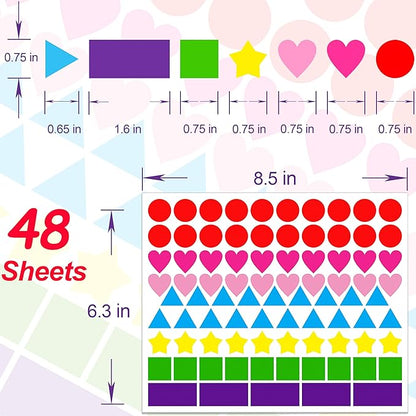 YSHIHE 4032 PCS Multi Shape Stickers 7 Colors 6 Shaped Stickers,Coding Labels,Dot Stickers for Toddlers Kid DIY Student Classroom Office(Round,Hearts,Stars,Triangle,Square,Rectangle)