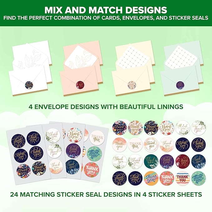 Decorably 24 Pack Glittery 6x4in Assorted Thank You Cards with Envelopes and Stickers, 24 Unique Beautiful Designs Thank You Card Assortment, Blank Inside - Wedding, Baby Shower, Birthday