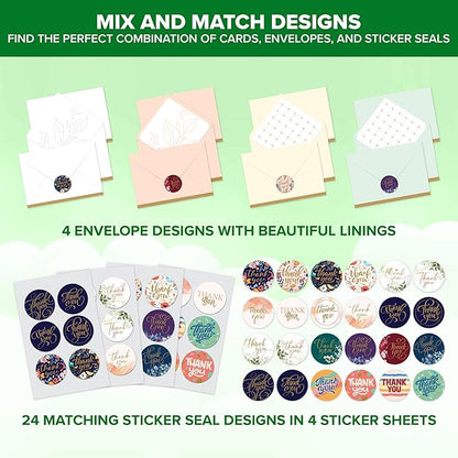 Decorably 24 Pack Glittery 6x4in Assorted Thank You Cards with Envelopes and Stickers, 24 Unique Beautiful Designs Thank You Card Assortment, Blank Inside - Wedding, Baby Shower, Birthday