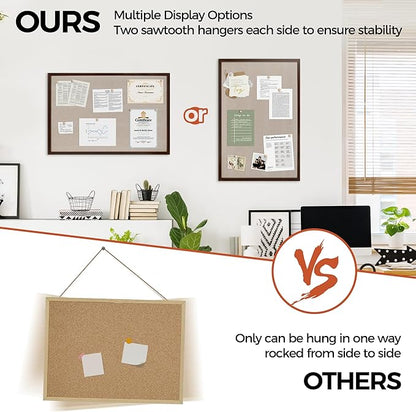 Fun Memories Cork Board Bulletin Board for Office, 20" x 30" Oak Wooden Framed Corkboard, Wall Mounted Notice Pin Board for School Home & Office, Dark Walnut