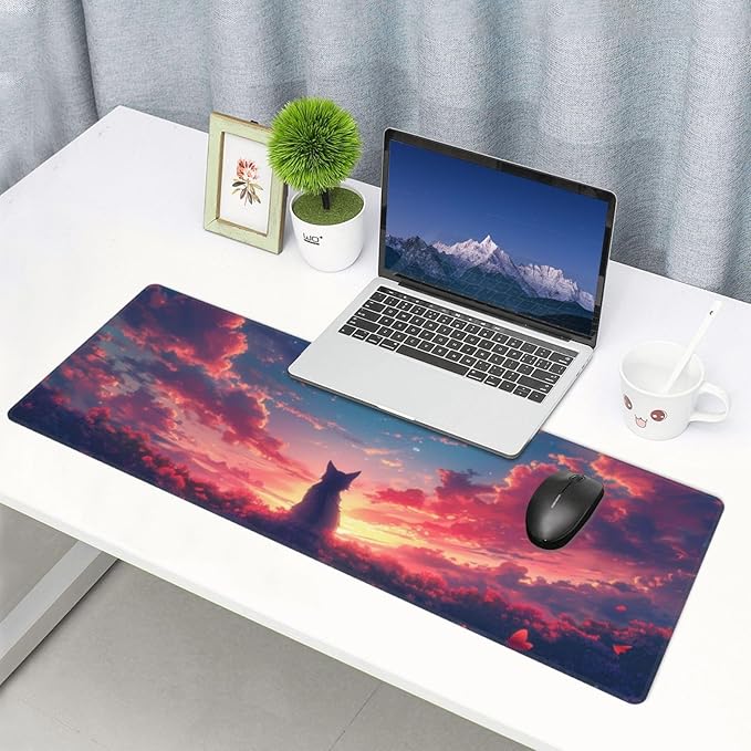Gaming Mouse Pad Desk Pad,Extended Big Mouse Pad,31.5x11.8 Inch Long Computer Keyboard Mouse Mat Mousepad with 3mm Non-Slip Base and Stitched Edge for Gaming and Office… (Sunset Cat)