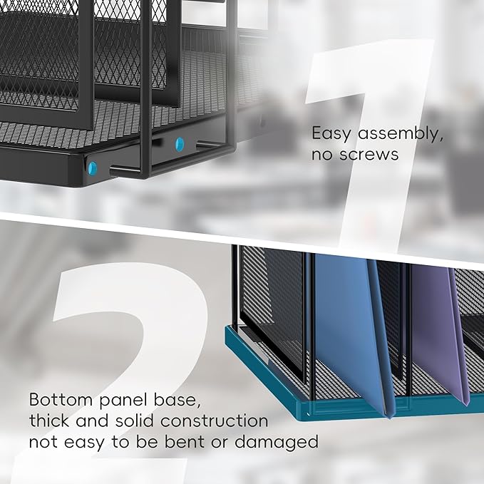 Inclined Desktop File Sorter, 5-Section Vertical File Folder, Mail Sorter Organizer for file holders, Metal File Organizer, Desktop File Folder Organizer for Office Classroom, Black 2 PACK