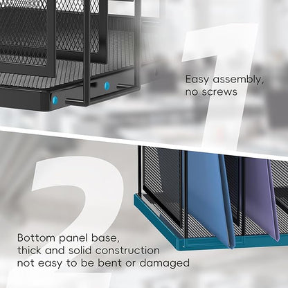 Inclined Desktop File Sorter, 5-Section Vertical File Folder, Mail Sorter Organizer for file holders, Metal File Organizer, Desktop File Folder Organizer for Office Classroom, Black 2 PACK