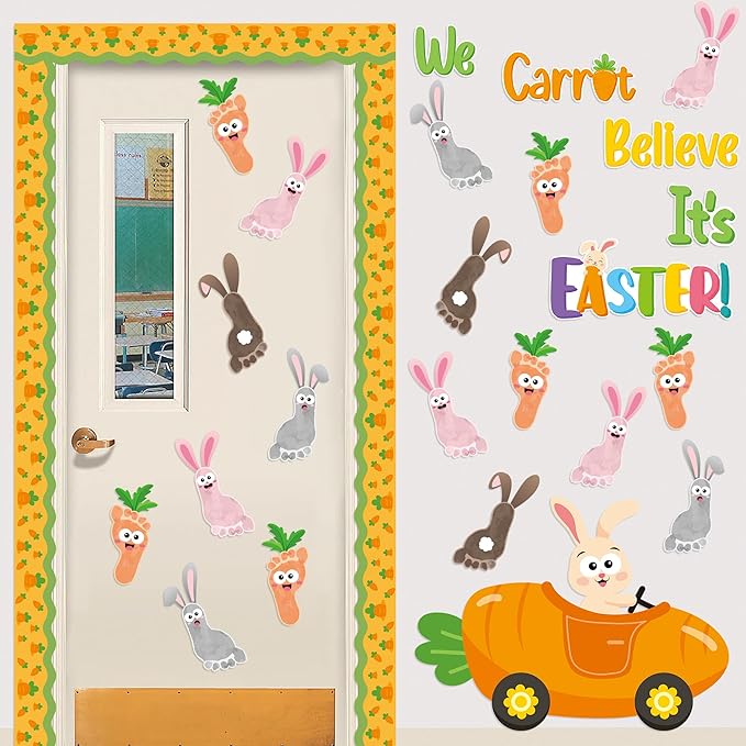 B1ykin 88Pcs Easter Footprint Carrot Bunny Bulletin Board Decoration, We Carrot Believe It’s Easter Cutout with Border Trim, Carrot Car Rabbit Footprints Supply for Kindergarten Preschool Chalkboard