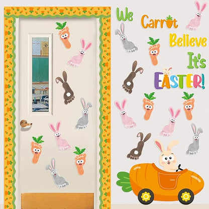 B1ykin 88Pcs Easter Footprint Carrot Bunny Bulletin Board Decoration, We Carrot Believe It’s Easter Cutout with Border Trim, Carrot Car Rabbit Footprints Supply for Kindergarten Preschool Chalkboard