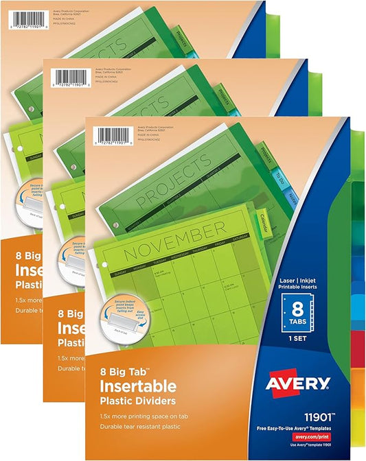 Avery Dividers for 3 Ring Binders, 8-Tab Binder Dividers, Plastic Binder Dividers, Insertable Big Tabs, Multicolor, 1 Set (11901) (Pack of 3)