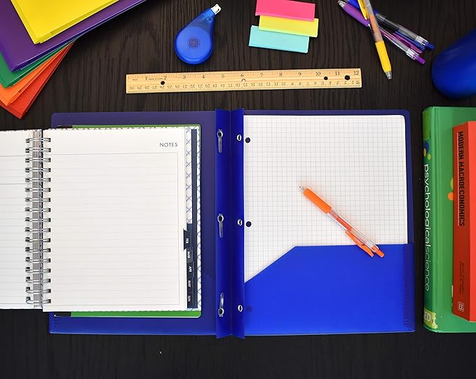 Smead Poly Two-Pocket Folder, Three-Hole Punch Prong Fasteners, Letter Size, Assorted Colors, 3 per Pack (87737)