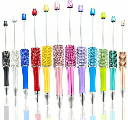 12Pcs Beadable Pens Bulk Diamond Ballpoint Pens Multicolor Retractable Writing Pens Bead Pens DIY Focal Beads Pens Making Kit Gifts for School Office Teacher Staff Students