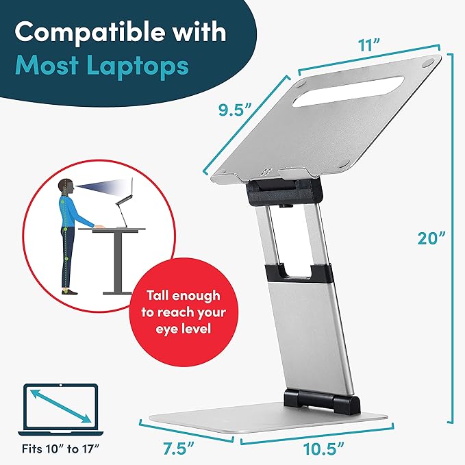 Laptop Stand for Desk, Ergonomic Sit to Stand Laptop Holder Convertor, Adjustable Height from 2.1" to 13.8", Supports up to 22lbs, Compatible with MacBook, All Laptops Tablets 11-17" - Silver