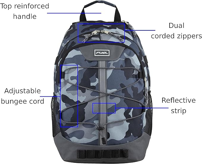 FUEL Hiking Backpack for Women Men Terra Sport, Travel, College, Gym, Work with Laptop Sleeve, Bungee, 18 Inches, Midnight Camo