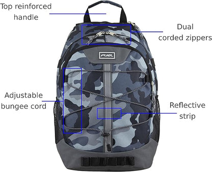 FUEL Hiking Backpack for Women Men Terra Sport, Travel, College, Gym, Work with Laptop Sleeve, Bungee, 18 Inches, Midnight Camo