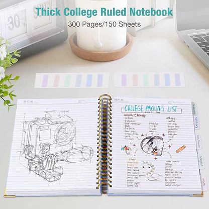 Spiral Notebook, College Ruled Notebook, A5 300 Pages Leather Journals for Writing, 5.7" x 8.5" Hardcover Journaling Notebooks for Work School, 24pcs Tabs, Large Embossed Journal for Women Men, Purple