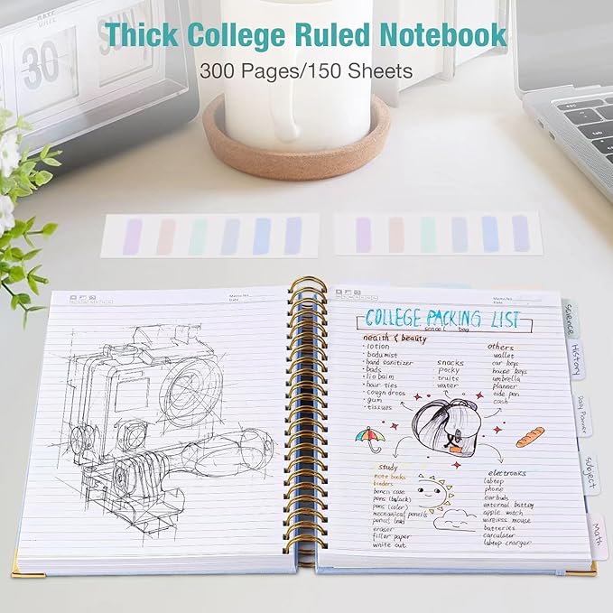 Spiral Notebook, College Ruled Notebook, 8" x 10", 300 Pages Leather Journals for Writing, B5 Hardcover Journaling Notebooks for Work School, 24pcs Tabs, Large Embossed Journal for Women Men, Pink