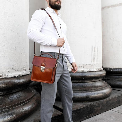 Time Resistance Small Leather Briefcase for Men - Crossbody Bag - Italian Leather Messenger Bag - Gift Box Included