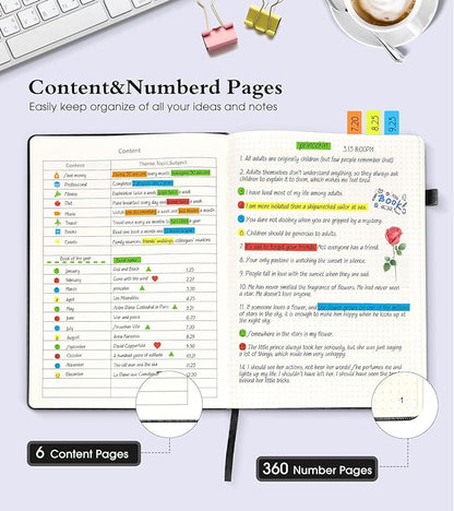 Bullet Dotted Journal Notebook, 360 Numbered Pages Dot Grid Notebooks 8.5 x 11, 100gsm Dot Paper Thick Hardcover Leather Journals for Writing Women Men, A4 Large Bullet Dotted Notebooks for Work Black