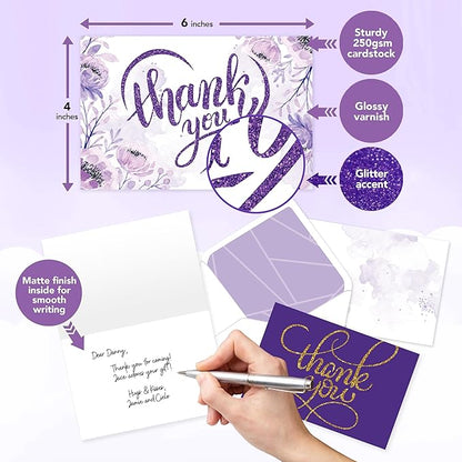 Decorably 24 Pack Glittery 6x4in Purple Thank You Cards with Envelopes and Stickers, 6 Elegant Designs Purple Thank You Notes, Blank Inside - Wedding, Baby Shower