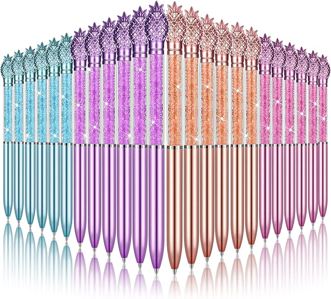 24 Pieces Big Crystal Diamond Pens Bling Ballpoint Pen Black Ink Rhinestones Pen for School Office Supplies Christmas Wedding Birthday Present, 4 Colors(Pineapple Style)