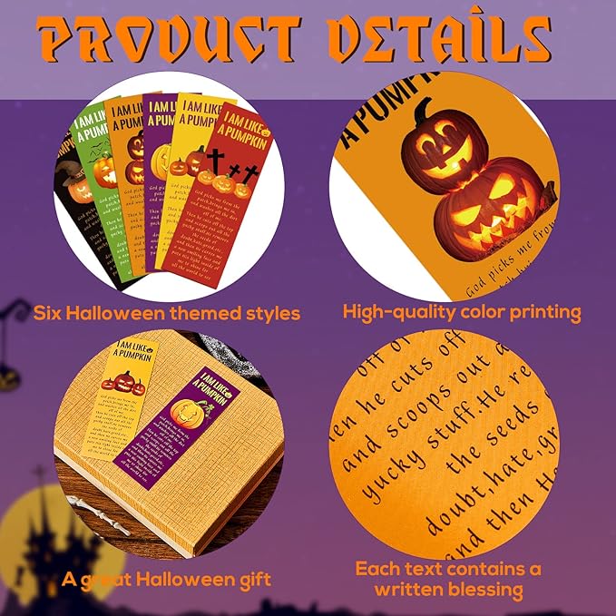 Gueevin 60 Pieces Halloween Bookmarks Pumpkin Bible Verses Bookmarks Christian Bookmarks Religious Book Markers for Women Girl Book Lovers Church Baptism Christian Halloween Gifts