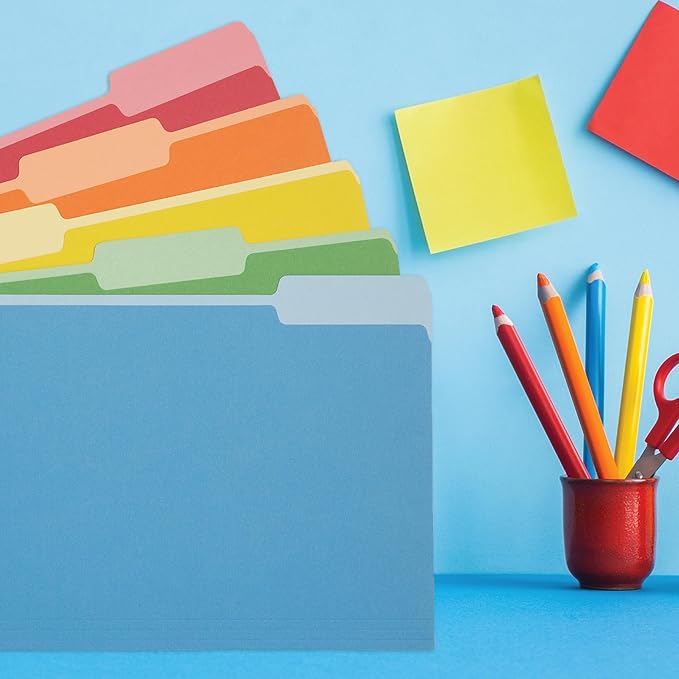 100 Blue Summit Supplies Colorful File Folders with Tabs – Multi Colored File Folders, 1/3 Cut Top Tabs, Letter Size, Durable 11pt Paper, Two Tone, Assorted Colors, Bulk 100 Pack