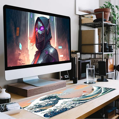 Japanese Large Mouse Pad,Desk Mat Large Office Desk Pad, Extended Large Mouse Mat for PC, Stitched Edges Gamer Mousepad 31.5 X 15.7 Inch Long Mice Pad, Sunset Sea