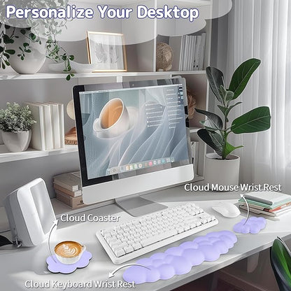 Cloud Wrist Rest Keyboard, Cloud Palm Rest Set with PU Leather Memory Foam, Cute Keyboard Rest for Wrist Support and Arm Rest, Desk Cloud Wrist Pad for PC/Gaming/Hand Cushion/Computer-Purple