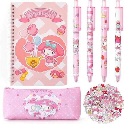 Cute School Supplies Anime Stationery Gift Set Includs Gel Pens, Journal Notebook, 50 Stickers, Pencil Case, Kawaii Stationery Set, Back to School Gift(Pink)