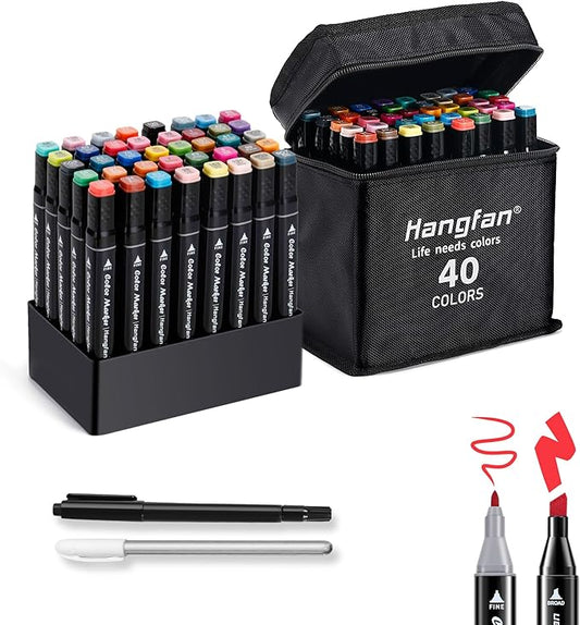 Art Markers, for Adult Coloring Books No Bleeding,40 Colors Dual Tip Alcohol Markers Brush Tip,Give 1 White Highlighter,1 Tracing Pen,Anime Coloring Sketch Illustrations (Black Pen Container)