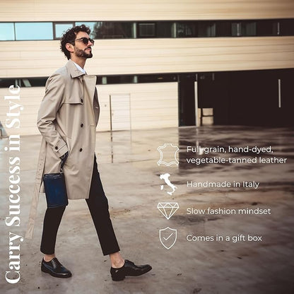 Time Resistance Leather Clutch for Men Organizer Wrist Bag Briefcase Handmade in Italy Gift Box Included