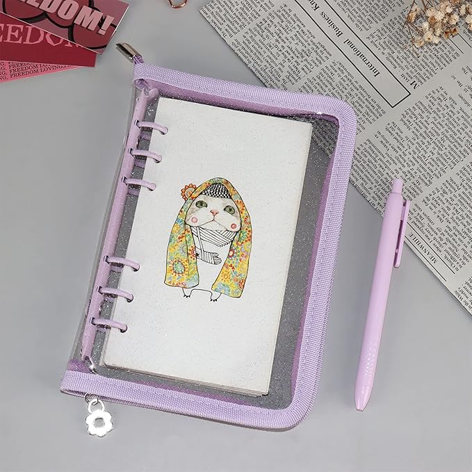 Purple A6 Binder Cover Clear Soft PVC 6-Ring Binder Budget Cash Evelopes System with Zipper Planner Organizer Loose Leaf Binder Folder Binder Pocket (Purple, A6)