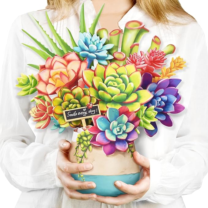 Pop Up Flowers Cards, Paper Flowers Bouquet 3D Popup Greeting Cards with Blank Note Card and Envelope for Birthday, Easter Cards, Anniversary, for Women Lover,12'' Succulent Planters