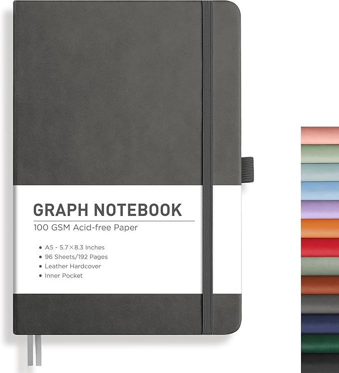 RETTACY Graph Paper Notebook, A5 Grid Notebook Journal with 192 Pages, 5.7'' × 8.3'', Medium Size, Leather Hardcover, 100 GSM Thick Paper, for Students, Homework, Math, Engineering (Gray)