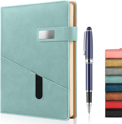 A5 Lined Leather Journal with Pen, 240 Pages Refillable Hardcover Notebook with Pocket and Magnetic Buckle, 80gsm Thick Daily Diary for Men and Women, Great Gift for Business School Travel Personal - Light Green