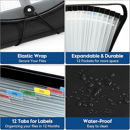 12-Pocket-Expanding File-Folder,Accordion-File-Organizer, A4/US Letter Size Paper Receipt Organizer Accordian Filing Folders (Black-T-12 Pockets)