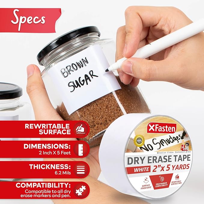 XFasten Dry Erase Tape White 2-Inch x 15-Feet Zero Smudging Ghosting-Free Whiteboard Tape, Reusable Dry Erase Labels for Storage Bins, Sentence Strips for Teachers