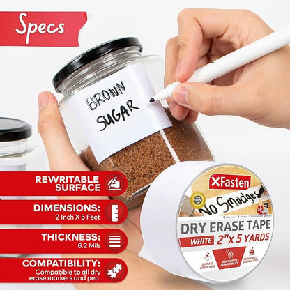 XFasten Dry Erase Tape White 2-Inch x 15-Feet Zero Smudging Ghosting-Free Whiteboard Tape, Reusable Dry Erase Labels for Storage Bins, Sentence Strips for Teachers