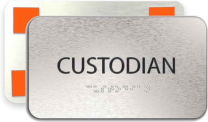 ADA Custodian Closet Sign for Business - Office Signs, Aluminum Brushed Silver, Tamper-Proof, Heavy Duty Mounting Tape, Easy Install, Office Décor, ADA Compliant, Grade 2 Braille (7”W x 4”H) ADASigns.org