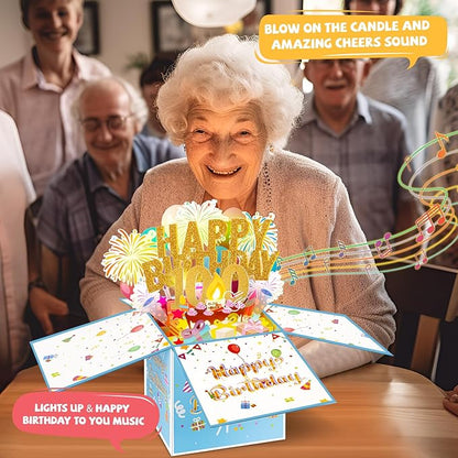 Tnvee 100TH Birthday Cards with Lights & Music & Candle, 3D Pop Up Singing Happy Birthday Greeting Cards Gfits for 100 Years Old Women Man Mom Dad Grandma Grandfa