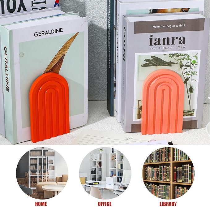 Harloon 4 Pieces Boho Arch Wood Bookends Rainbow Arch Back to School Gift Ideas Non Skid Bookend Decorative Wooden Book Stand Book Stoppers for Books Movies CDs(Vintage Color)