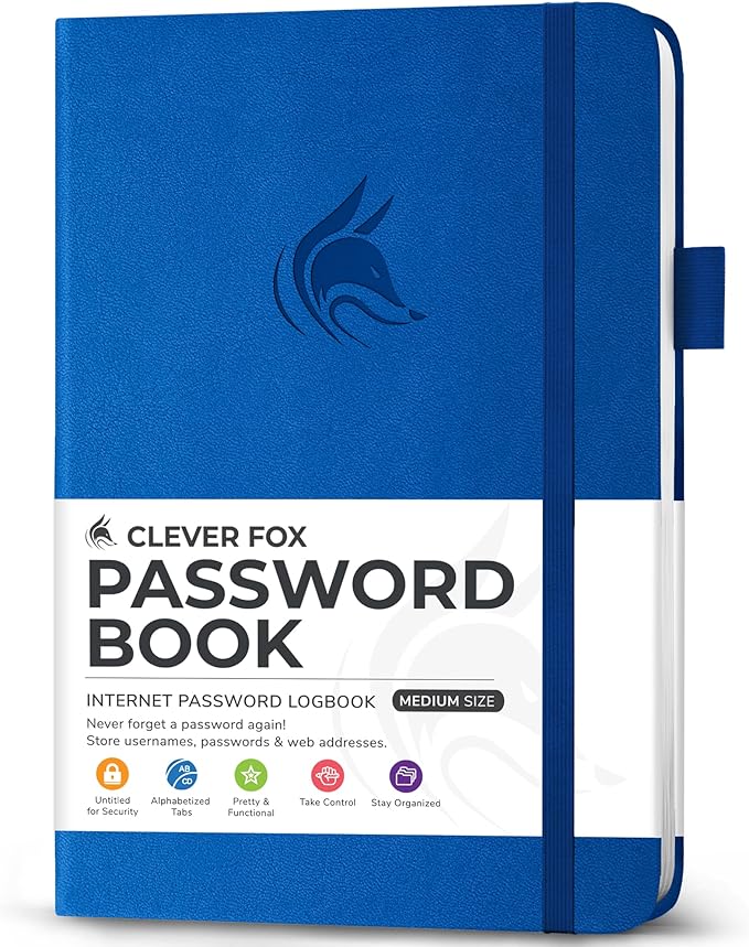 Clever Fox Password Book with Alphabetical tabs. Internet Address Organizer Logbook. Medium Password Keeper for Website Logins (Royal Blue)