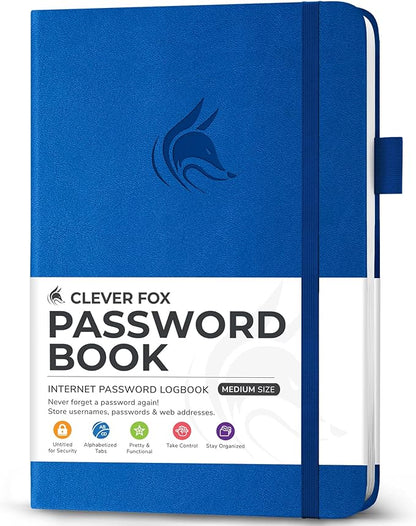 Clever Fox Password Book with Alphabetical tabs. Internet Address Organizer Logbook. Medium Password Keeper for Website Logins (Royal Blue)