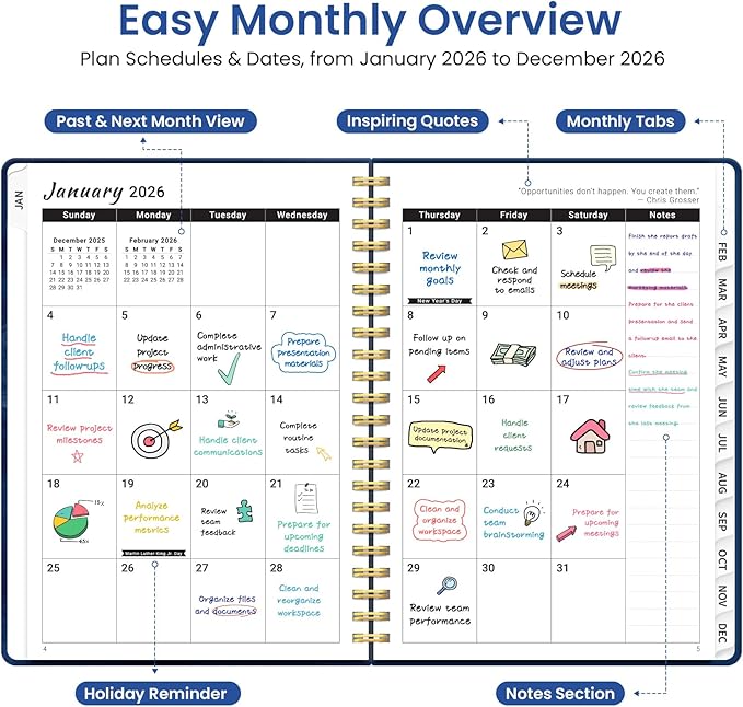 2026 Planner, Weekly and Monthly Planner for Women, January 2026 to December 2026, Pretty Hardcover 2026 Calendar Planner Book with Tabs, Inner Pocket, Spiral Bound, Perfect Office Home School Supplies - 6.3" x 8.5", Ocean Postmarks