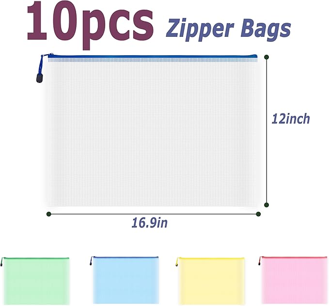 AUSTARK 10 Pcs Zipper File Bags, Waterproof Plastic Mesh Pouch for Office School, Board Game Storage Bags (A3 Size 16.9''x12'', Multicolored)