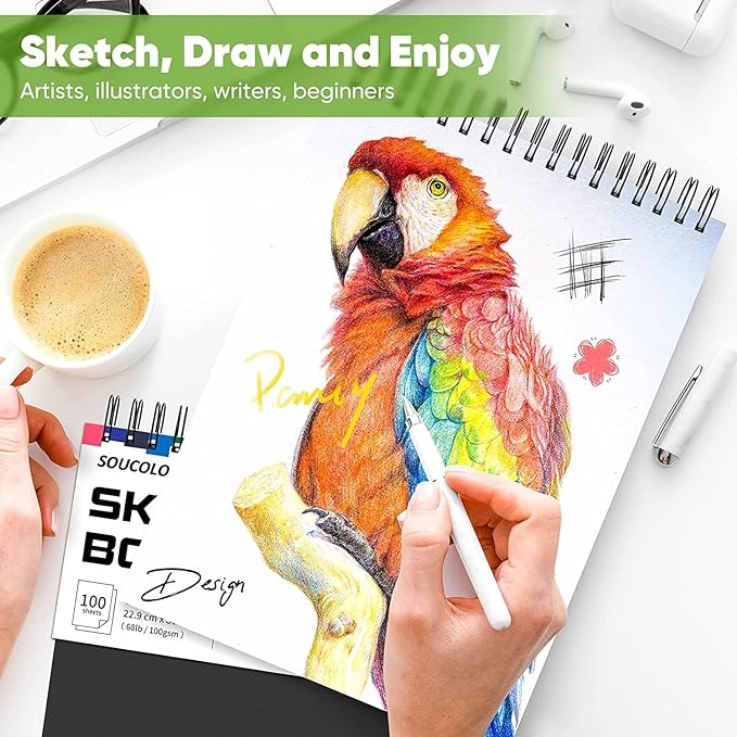 Soucolor 9" x 12" Sketch Book, 2-Pack 100 Sheets Spiral Bound Art Sketchbook, Acid Free (68lb/100gsm) Artist Drawing Book Paper Painting Sketching Pad