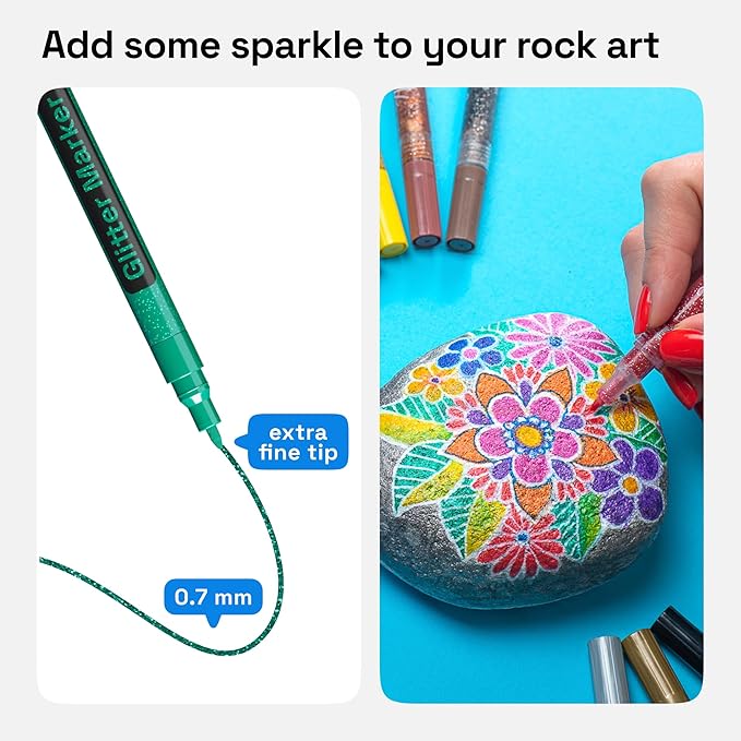 ARTISTRO 12 Glitter Paint Pens Sparkly and Shiny for Rock Painting, Stone, Ceramic, Glass, Wood, Fabric, Scrapbooking, DIY Craft Making, Coloring, Acrylic Glitter Markers Extra-Fine Tip 0.7mm