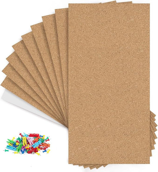 AKTOP Cork Board Bulletin Board 17"x8", 1/2" Thick Cork Board Tiles 10 Pack, Small Pin Board for Wall Decor, Self Adhesive Corkboards with 120 Push Pin Wood Clips for School, Home & Office