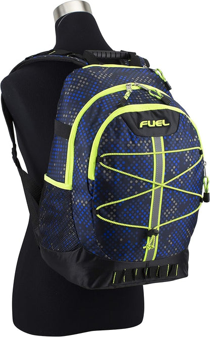 FUEL Hiking Backpack for Women Men Terra Sport, Travel, College, Gym, Work with Laptop Sleeve, Bungee, 18 Inches, Blue Hexagon