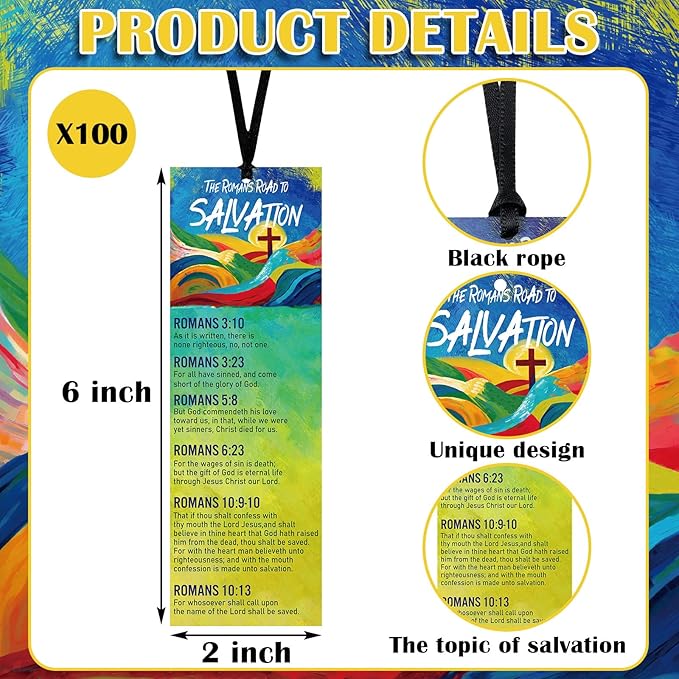 100 Pcs Romans Road to Salvation Bookmarks 6 x 2 Inches Roman's Road Cardstock Bookmark with 100 Pcs Hanging Strings