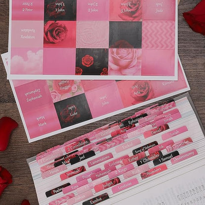 Thinkor Reposition Laminated Bible Tabs, Large Print Stickers, Easy to Read and Apply Bible Tabs for Women and Man (Pink Rose Print)