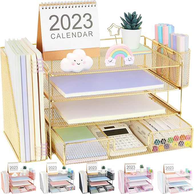 Desk Organizers and Accessories, Desk Accessories & Workspace Organizers for Office Supplies, File Organizer Desk Drawer Organizer with 2 Pen Holders, 4 Tier Paper Organizer for Desk (Gold)