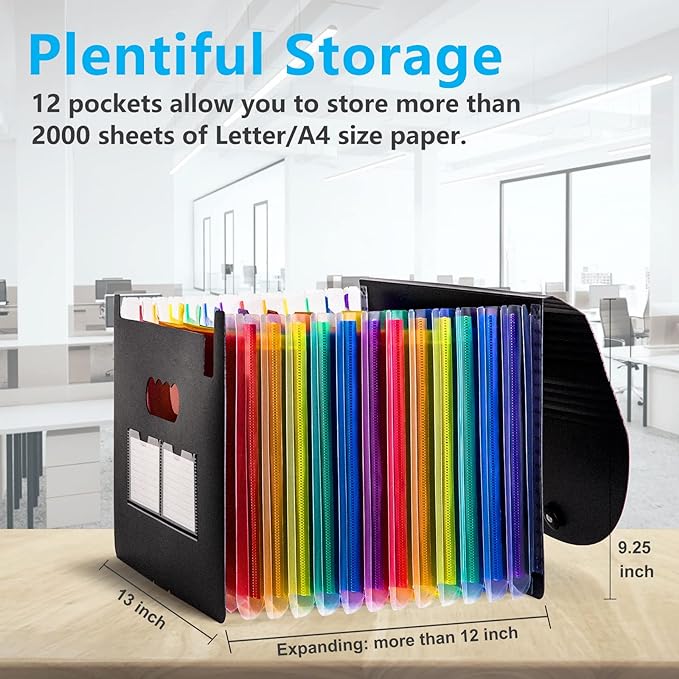 Sooez Accordion File Organizer, 12 Pockets Expanding File Folder, Portable Monthly Paper Bill Tax Receipt Organizer, Letter A4 Size Document Holder with Blank Labels, Black